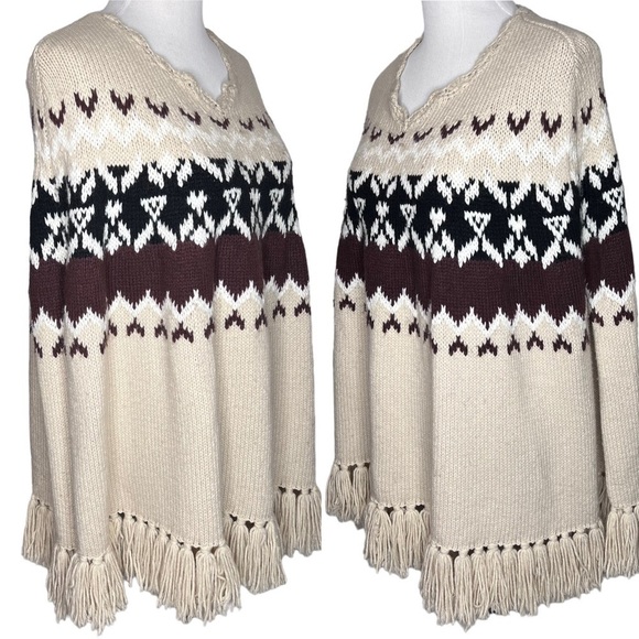 Moda Intl Wool Blend Fair Isle Poncho Shawl Wrap Fringes Size S Beige Black Boho - Picture 1 of 15